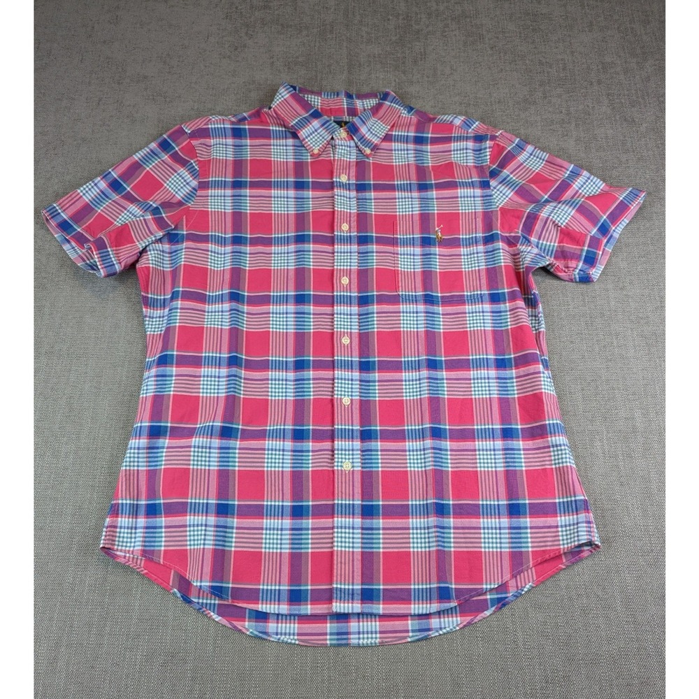 Polo Ralph Lauren Oxford Shirt Mens XL Pink Blue Plaid Slim Fit Flesh Pony Top - Picture 2 of 7